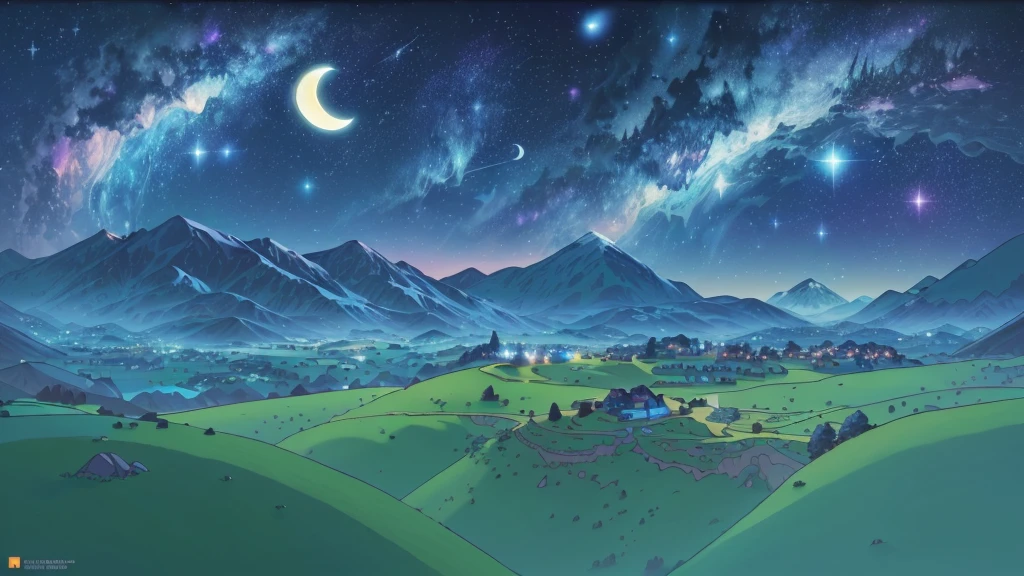 cartoon of a mountainous landscape with a sky full of stars and a crescent moon, moonlit starry sky environment, in an alien pasture, cosmos infinito ao fundo, amazing background, Galactic Landscape, night village background, de Rick e Morty, high-quality wallpaper, Steven Universe, cosmos scenery, background art, animated episode yet, distant village background, cosmic landscape
