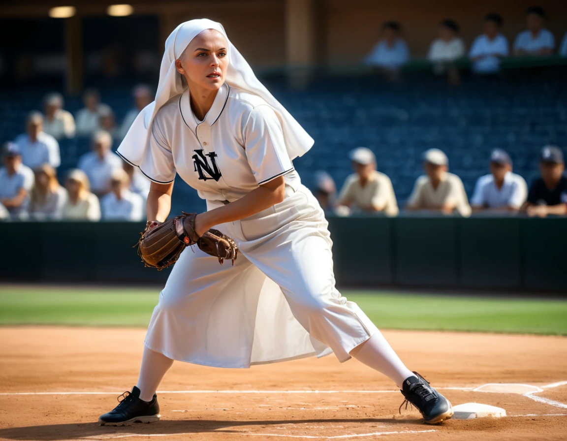 Arafed a sports capture picture of a nun playing baseball, an exquisite beautiful nun, full body, middle aged woman,  dynamic hair, dynamic style,  ultra detailed face, concentrated look, determined look, best detailed face, wearing ((nun clothes: 1.3)), standing ready in a baseball match, baseball stadium nackground, full body (best details, Masterpiece, best quality), ultra wide shot, photorealistic,  vibrant, Ultra-high resolution, High Contrast, (masterpiece:1.5), highest quality, Best aesthetics), best details, best quality, highres, ultra wide angle, 16k, [ultra detailed], masterpiece, best quality, (extremely detailed),