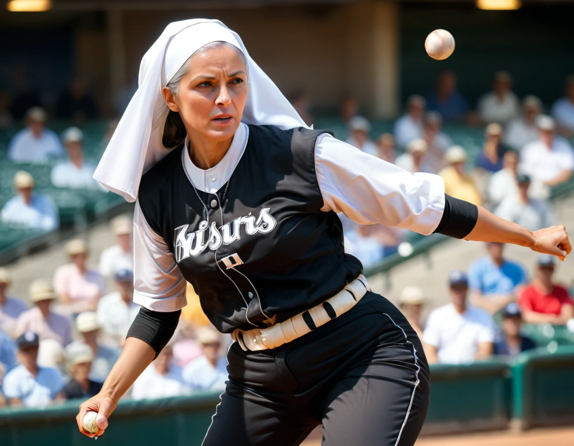 Arafed a sports capture picture of a nun playing baseball, an exquisite beautiful nun, full body, middle aged woman,  dynamic hair, dynamic style,  ultra detailed face, concentrated look, determined look, best detailed face, wearing ((nun clothes: 1.3)), standing ready in a baseball match, baseball stadium nackground, full body (best details, Masterpiece, best quality), ultra wide shot, photorealistic,  vibrant, Ultra-high resolution, High Contrast, (masterpiece:1.5), highest quality, Best aesthetics), best details, best quality, highres, ultra wide angle, 16k, [ultra detailed], masterpiece, best quality, (extremely detailed),