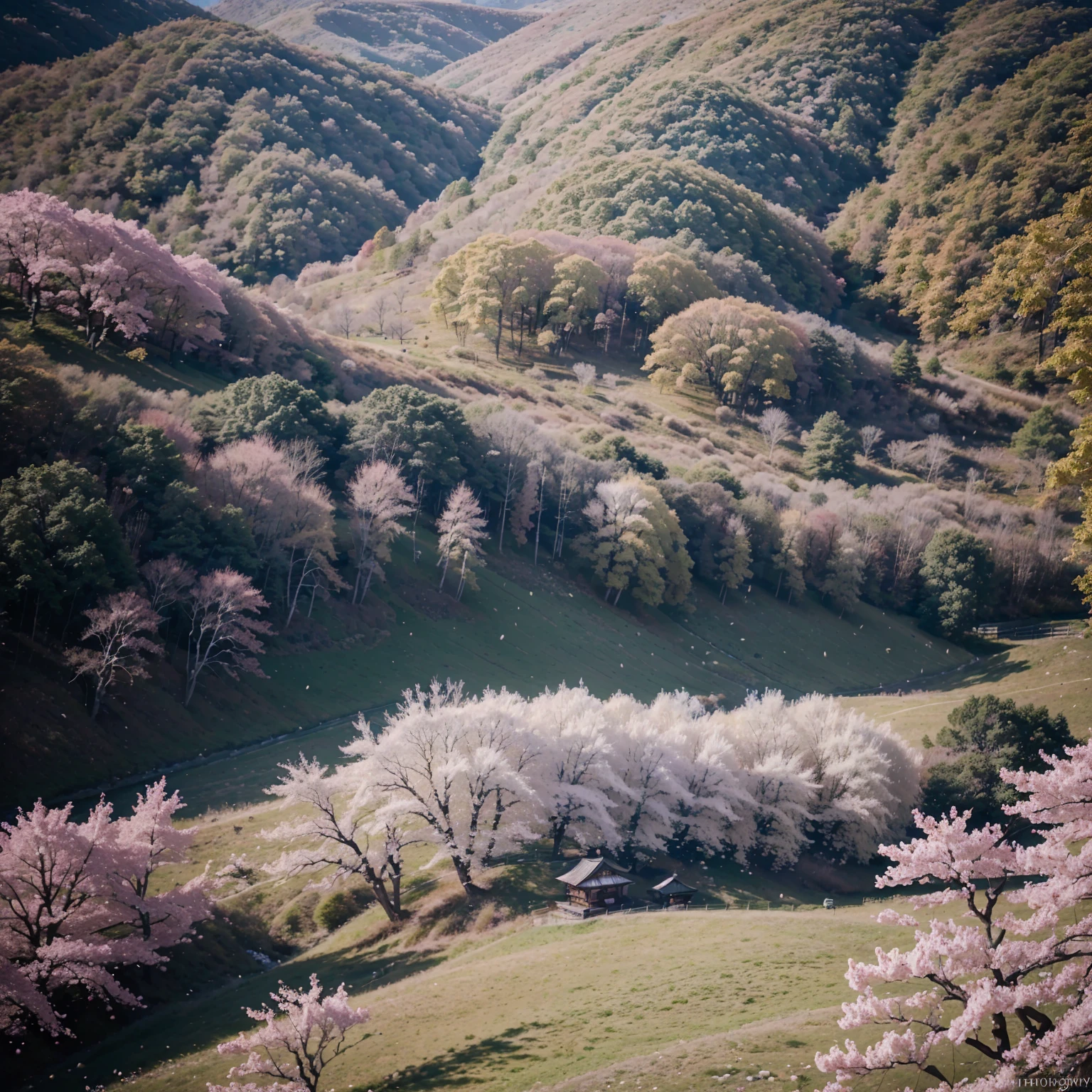 Mountains and sakura forests.(best qualityer,4K,8K,High level,work of art:1.2),ultra detaild,(realisitic,real photografic,real photografic:1.37), highy detailed,iluminação realisitic.