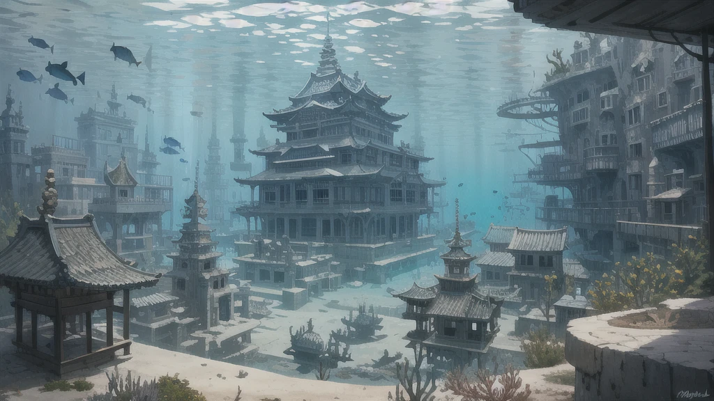 Underwater city, nostalgic, sunken city, background only, underwater temple