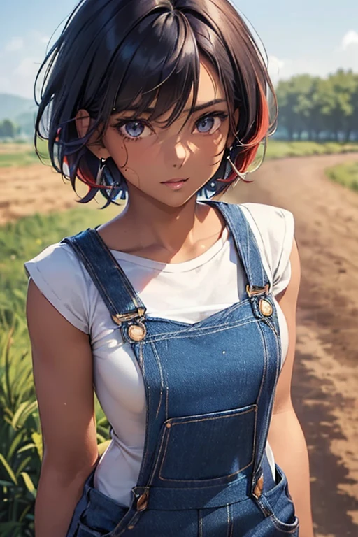 #Basics A girl is posing for a photo, animeのかわいい女の子, (((One Girl, , Young girs old))),
Bhing Accessories
((Blue denim overalls:1.4) + He wears a black T-shirt underneath his overalls + The bottom part is long blue denim jeans + Light blue sneakers),
Red gemstone earrings, fancy silver necklace,
BREAK
#Features
((Red hair)), (asymmetrical bangs:1.3 (Short Hair : Short Hair:1.3 + Straight hair + Thin Hair),
(Droopy eyes, blue eyes), (Small breasts), ((Tanned and dark skin:1.4)),
BREAK
#background environment
(noon、(Sunlit field, Waterways, Rural landscape, Watermill)),
#Facial Expression Pose
((Wicked Smile), (A powerful walking pose with arms naturally hanging down at the sides)),
#composition
((Face the camera, Cowboy Shot)),
BREAK
#Body parts elements
(Detailed hair, Beautiful Hair, Shiny Hair),
(double eyelid, Long eyelashes),
(Expression of fine eyes, Beautiful and delicate eyes, Sparkling eyes, Eye Reflexes, Glitter Eyeliner),
(Human Ear),
(Beautiful Nose, Thin Nose),
(Glossy lips, Beautiful Lips, Thick lips, Glossy Lips, Natural Cheeks),
(Detailed face, Symmetrical facial features),
(Detailed skin, Textured skin, Beautiful Skin, Shiny skin),
BREAK
#Quality
(((Highest quality)), ((masterpiece)), ((Very detailed))), ((High resolution), (16K,1080P)),
(Realistic), (Anatomically correct),
((comics, anime)), (3DCG), CG illustration,