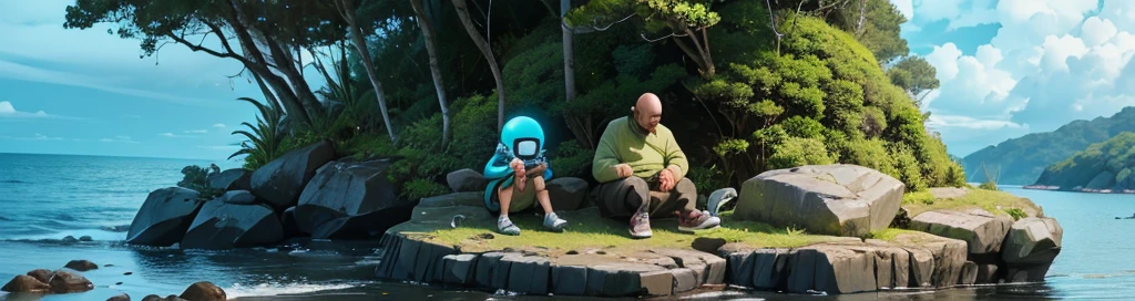 2 Paul-style aliens from the movie Alien the fugitive smoking marijuana sitting on a rock on the coast in a clearing in the Atlantic forest looking at the sea