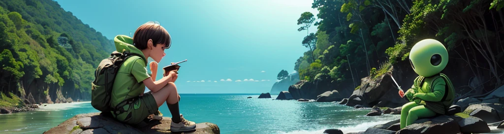 2 Paul-style aliens from the movie Alien the fugitive smoking marijuana sitting on a rock on the coast in a clearing in the Atlantic forest looking at the sea