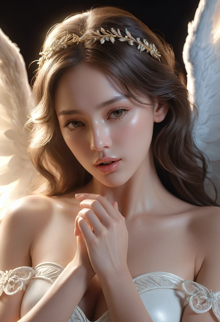 a beautiful Angel sexualy caressing and pleasuring an erect penis with her hands and mouth, ((full body portrait)), ultra-detailed, (best quality,4k,8k,highres,masterpiece:1.2),ultra-detailed,(realistic,photorealistic,photo-realistic:1.37),detailed body and skin,highly detailed face and anatomy,intricate angelic features,glowing halo,delicate hands,supple lips,saliva,tender expression,chiaroscuro lighting,warm soft colors,dramatic shadows,cinematic composition