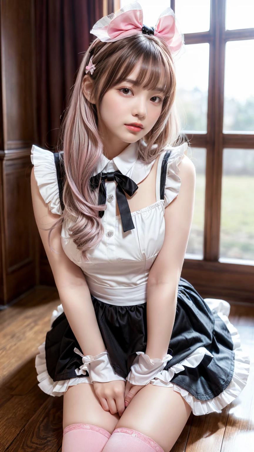 Mature Woman、Pink Hair、Light gray hair、((Two-tone hair))、White ta dress with delicate pink decoration、Slender women、Cute Woman、 8K Ultra HD,Detailed face、Delicate texture, Long Hair、(((Blunt bangs)))、(((Drill Hair)))、(bow ribbon, Maid, knee high socks:1.3), Aside Cutter Shirt, frill skirt、((Ethnic Loli、A room in a Western-style building、((Delicate photo)),(Girl Astepeace RAW Photo Details:1.25), (highest quality:1.6), (超A high resolution:1.5), (Realistic:1.75), 8K resolution, Canon EOS R5, 50mm, Absurd, Super detailed,Cinema Lighting、((stuffed toy:1.25))、(nsfw)、(Leg spread)、