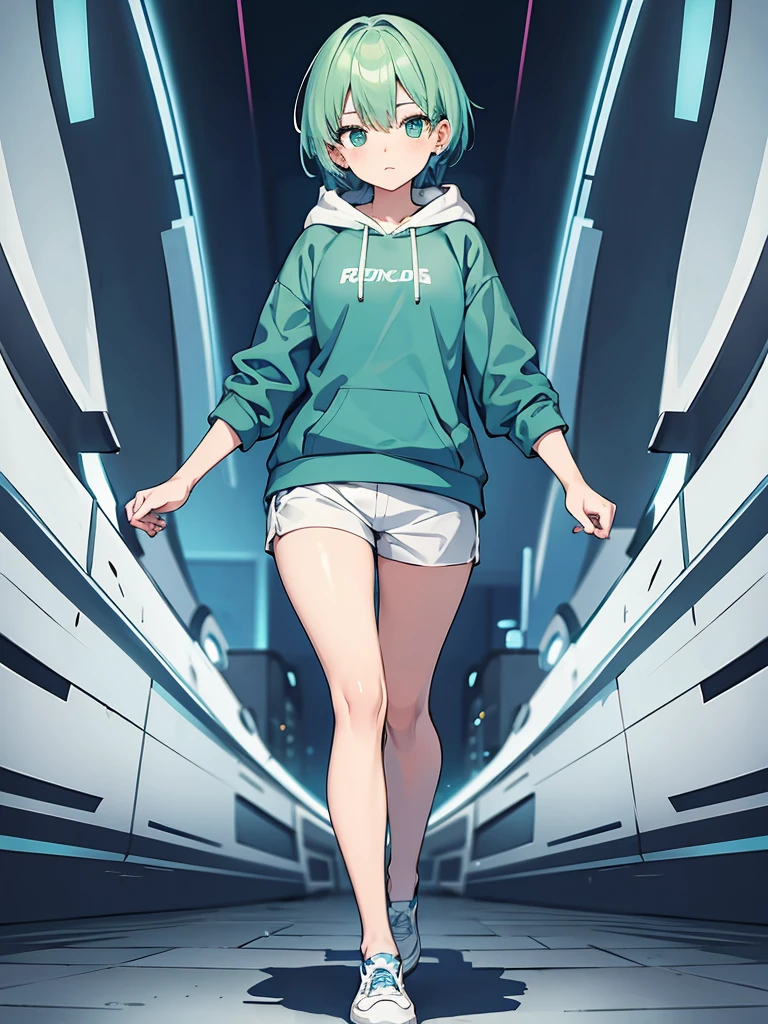 Masterpiece,High quality,(Full body 1.2),Animated standing portrait, black half pants and white hoodie,(green hair 1.4),Anime girl with short green hair and green eyes,(detailed eyes 1.6),(clear eyes 1.4),(beautiful eyes 1.4),(shining eyes 1.4),White cyan, green hair, detailed Key Animated Art, Animated Portrait, shining eyes, girl with blue hair, light blue hair, black half pants, white stockings, thighs, 4K