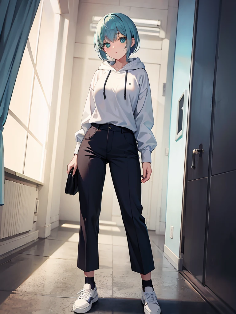 Masterpiece,High quality,(Full body 1.2),Animated standing portrait, black half pants and white hoodie,(green hair 1.4),Anime girl with short green hair and green eyes,(detailed eyes 1.6),(clear eyes 1.4),(beautiful eyes 1.4),(shining eyes 1.4),White cyan, green hair, detailed Key Animated Art, Animated Portrait, shining eyes, girl with blue hair, light blue hair, black half pants, white stockings, thighs, 4K