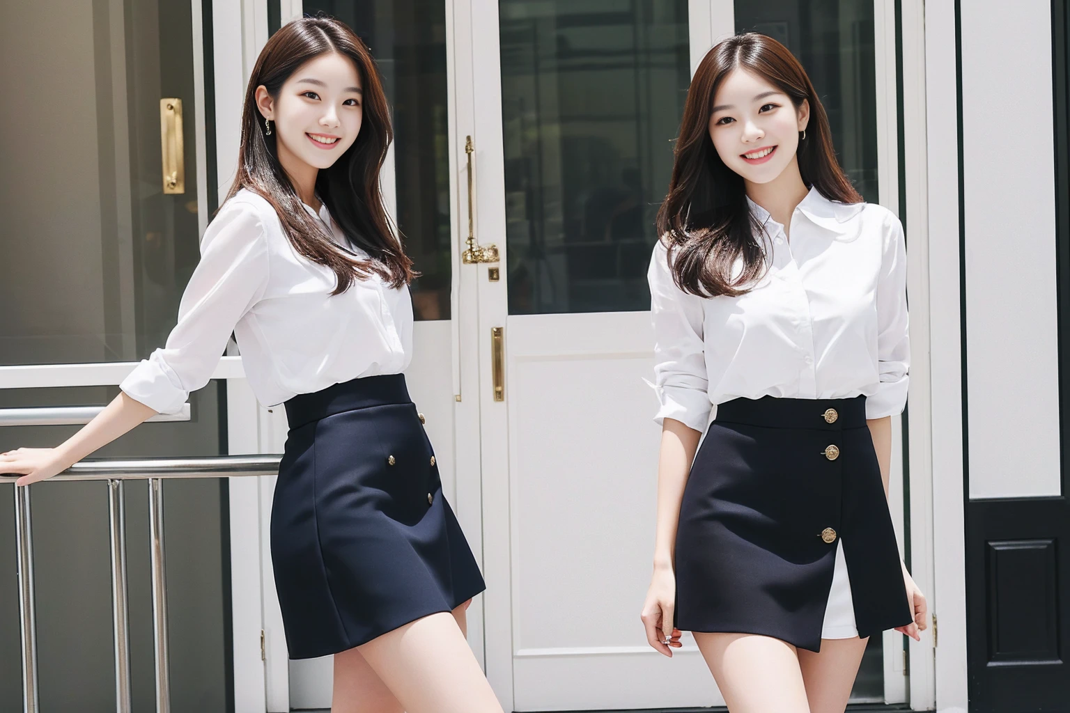Highest quality　masterpiece　One beautiful woman　Beautiful legs in a mini skirt　Photo style　Real　smile