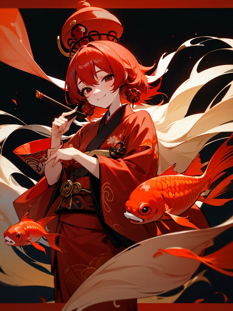 Oiran hair, tobacco pipe, wide eyes, black eyes, smile, red oiran kimono, goldfish, red light district