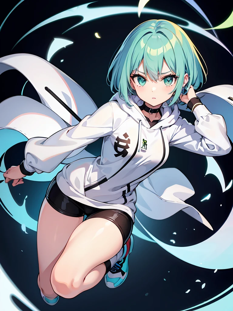 Masterpiece,High quality,(Full body 1.2),Animated standing portrait, black half pants and white hoodie,(green hair 1.4),Anime girl with short green hair and green eyes,(detailed eyes 1.6),(clear eyes 1.4),(beautiful eyes 1.4),(shining eyes 1.4),White cyan, green hair, detailed Key Animated Art, Animated Portrait, shining eyes, girl with blue hair, light blue hair, black half pants, white stockings, thighs, 4K