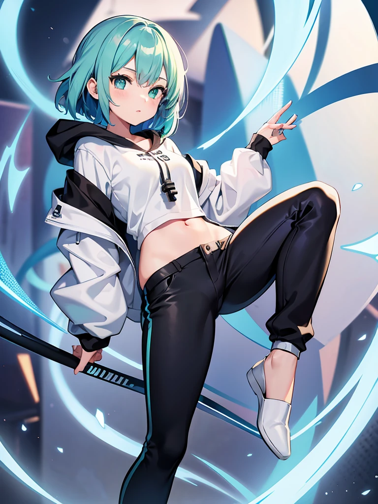 Masterpiece,High quality,(Full body 1.2),Animated standing portrait, black half pants and white hoodie,(green hair 1.4),Anime girl with short green hair and green eyes,(detailed eyes 1.6),(clear eyes 1.4),(beautiful eyes 1.4),(shining eyes 1.4),White cyan, green hair, detailed Key Animated Art, Animated Portrait, shining eyes, girl with blue hair, light blue hair, black half pants, white stockings, thighs, 4K