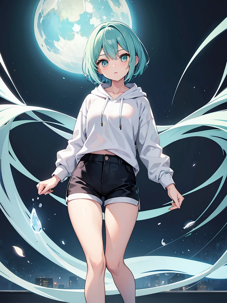 Masterpiece,High quality,(Full body 1.2),Animated standing portrait, black half pants and white hoodie,(green hair 1.4),Anime girl with short green hair and green eyes,(detailed eyes 1.6),(clear eyes 1.4),(beautiful eyes 1.4),(shining eyes 1.4),White cyan, green hair, detailed Key Animated Art, Animated Portrait, shining eyes, girl with blue hair, light blue hair, black half pants, white stockings, thighs, 4K