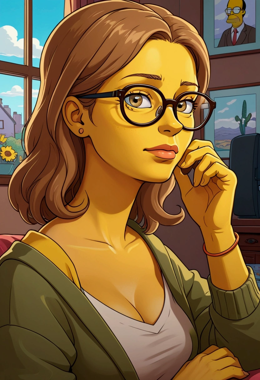 1, Simpsons character, glasses, Simpsons ink style, yellow skin, light brown hair, flat, cozy animation scenes, dynamic pose, best quality, artwork, very aesthetic, perfect composition, intricate details, ultra-detailed, Simpsons strokes.