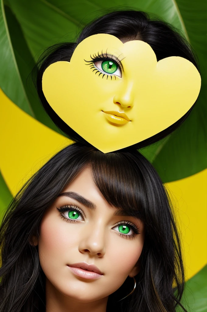 Draw a woman with black hair and yellow highlights, heart-shaped face, big green eyes, and a small nose. 