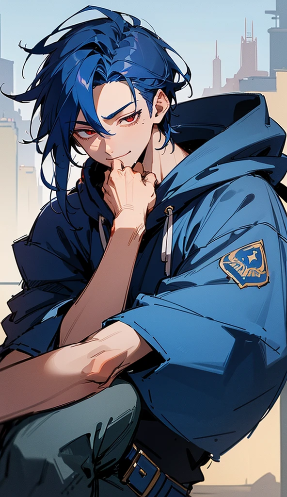 Super detailed,Haig quality,sketch,1 boy,Mature Men,Beautiful Face,(Dark blue hair,External hair:1.1),Handsome,Pearl Skin,Cyberpunk Hoodie、Indigo blue distressed jeans,Dynamic Angle,Japan anime　Red eyes,smile、Sleepy expression,city,20-year-old male