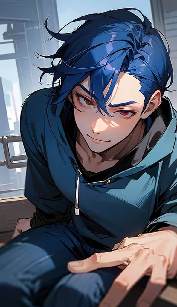 Super detailed,Haig quality,sketch,1 boy,Mature Men,Beautiful Face,(Dark blue hair,External hair:1.1),Handsome,Pearl Skin,Cyberpunk Hoodie、Indigo blue distressed jeans,Dynamic Angle,Japan anime Red eyes,smile、Sleepy expression,city,20-year-old male