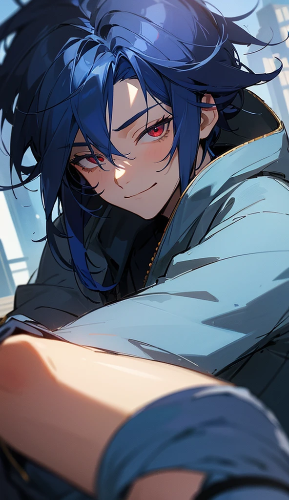 Super detailed,Haig quality,sketch,1 boy,Mature Men,Beautiful Face,(Dark blue hair,External hair:1.1),Handsome,Pearl Skin,Cyberpunk Hoodie、Indigo blue distressed jeans,Dynamic Angle,Japan anime Red eyes,smile、Sleepy expression,city,20-year-old male