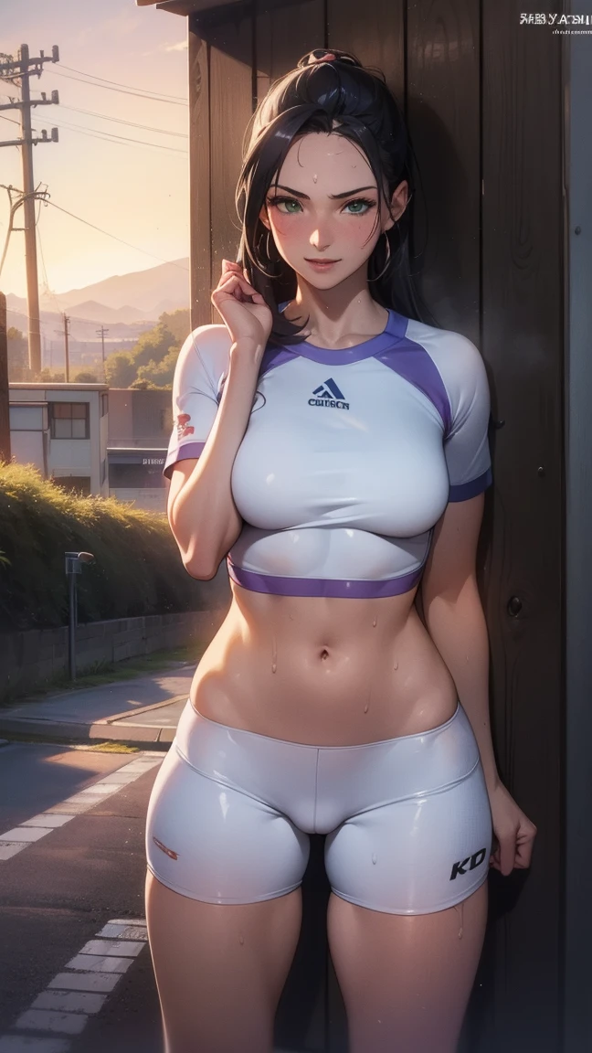 Beautiful and fine details, 美しくdetailedな唇, 非常にdetailedな顔と体, Sexy Woman, With minimal clothing,fotorRealist, 8K, high quality, hyperdetailed, Cinema Lighting, Dramatic Shadows, Warm color palette , Sensual, Erotica, (最high quality,4K,8K,High resolution,masterpiece:1.2),超detailedな,(Realist,fotorRealist,fotorRealist:1.37),(masterpiece, 最high quality, detailed), 1 Girl, alone, View your viewers, Makaiji, Blue Hair, Green Eyes, Sportswear, Play sports often, Sweat, (Movement), Woman running jogging, Shaking breasts, tight clothing and transparent with Sweat, Poke out crop top, bicycle shorts transparent with Sweat, (A girl shyly rubbing her butt and crotch), Sports Girl, Running towards the audience, Road under the hot sun, Electric pole, handrail, handrail, V-shaped eyebrows, hill, Outdoor, Power lines, Mountain Horizon, landscape, Embarrassing posture, (Hands covering private parts), Spread your legs, Conceit, road signs, smile, Open your mouth and let out a tired breath,
