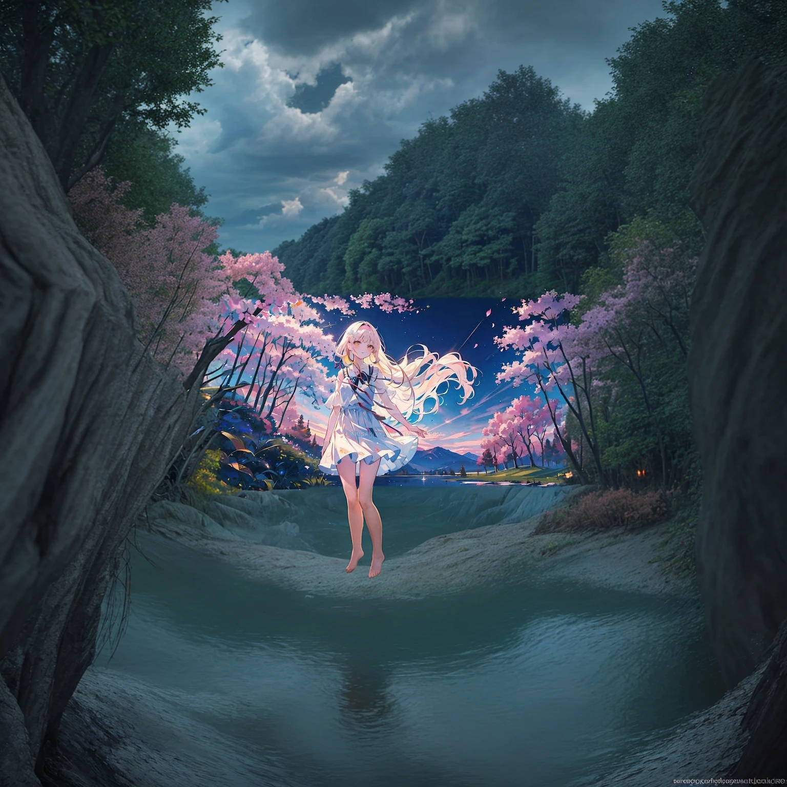 Masterpiece, best quality, high quality, extremely detailed CG unity 8k wallpaper, landscape, outdoor, sky, cloud, sky, mountain, landscape, water, tree, blue sky, waterfall, cliff, nature, lake, river , cloudy skies, award winning photography, bokeh, depth of field, HDR, bloom, chromatic aberration, photorealism, very detailed, trending on artstation, trending on CGsociety, intricate, high detail, dramatic, midjourney art
