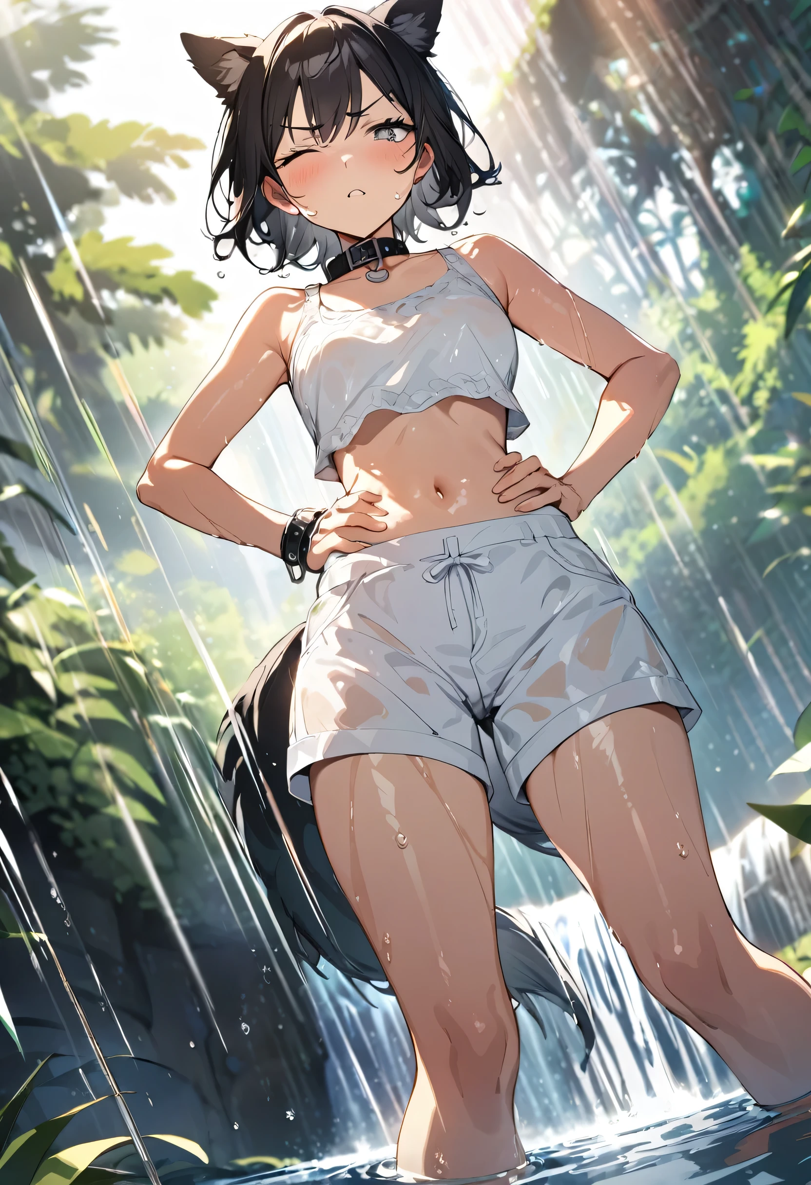 cute dog girl, nsfw, (((showering in a waterfall))), (((big oversized white shorts))), (((white crop top))) (stubborn angry expression, blushing), ((hands on hips)), (((grey eyes))), ((eyes closed)), (((focal point))), ((close-up full body shot)), ((dynamic angle)), (long black hair, wet and shiny), (((dripping wet body))), (dog ears), (dog tail), (black dog collar), ((detailed water droplets, sunlight filtering through trees)), ((dynamic and beautiful lighting)), BREAK, masterpiece, UHD, detailed and high quality, serene atmosphere, vibrant colors, flowing water, detailed background, joyful mood, intricate details, natural beauty, perfect hands