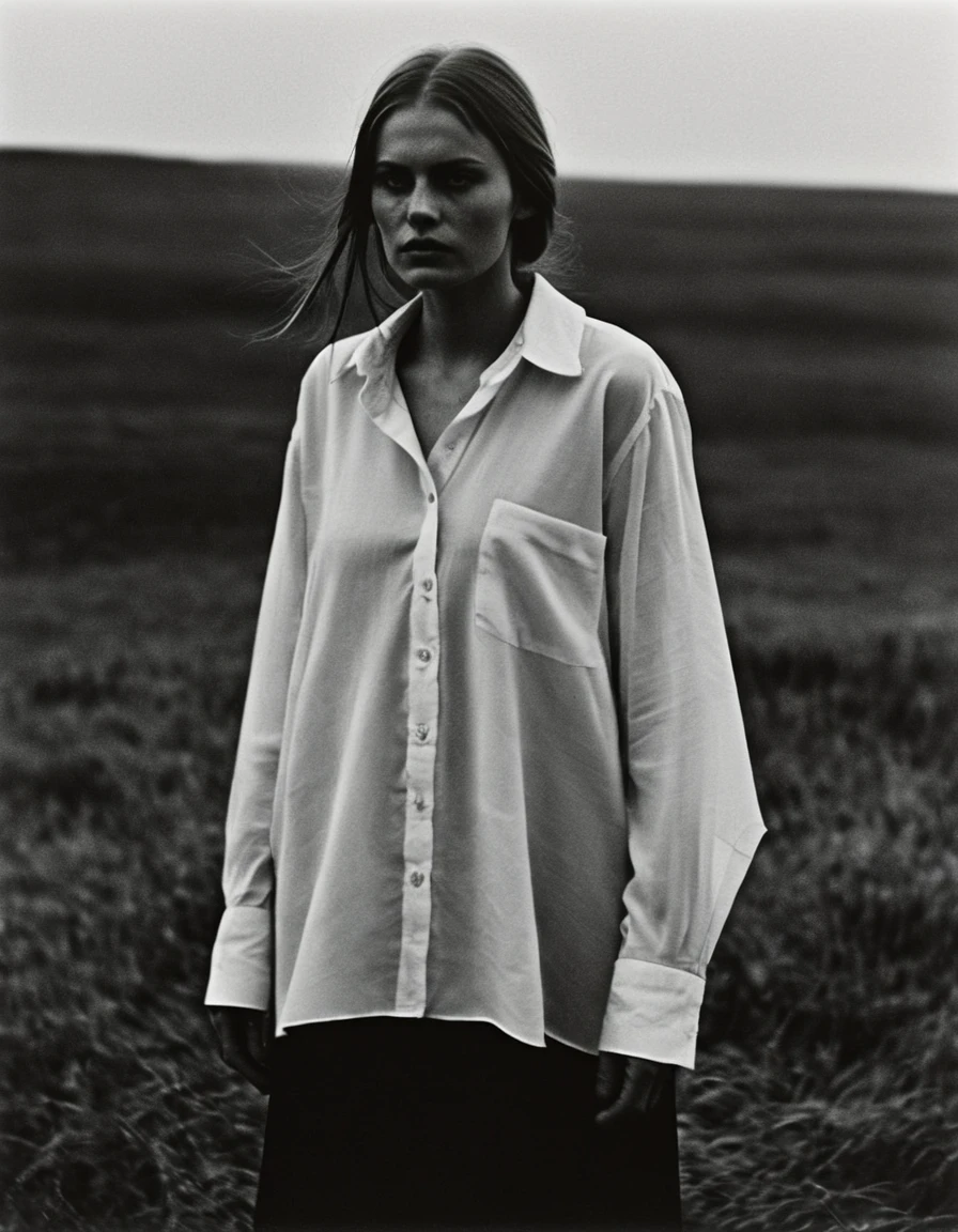 (dark mood masterpiece Photography by Mario Giacomelli:1.2), evil slavic woman, pale skin, long dark blond hair, Stunning b&w 35mm full body photo of a beautiful, perfecteyes, dark circles under eyes, highly detailed skin, (lightest freckles:0.9), standing in a casual pose with her hands on her nipples. wearing (wide-open:1.34) white_silk_shirt. unbuttoned shirt. (nipslip:1.4). a loose-fitting oversized men's unbuttoned shirt, open white business shirt. intricate poses by ruth bernhard. (Photography and style by ruth bernhard). 35mm, Hasselblad. capturing fashion-forward visuals, creating visual impact,evoking emotion,pushing creative boundaries. golden hour, shot from the side, playful pose, god rays,artistic photoshoot
