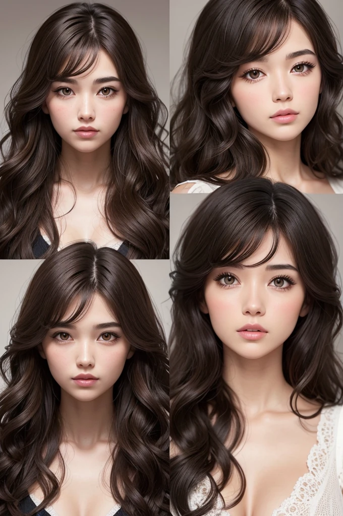 Create a character with wavy hair, medium and cut into layers. Round face and high nose, eyes with few eyelashes and dark brown.