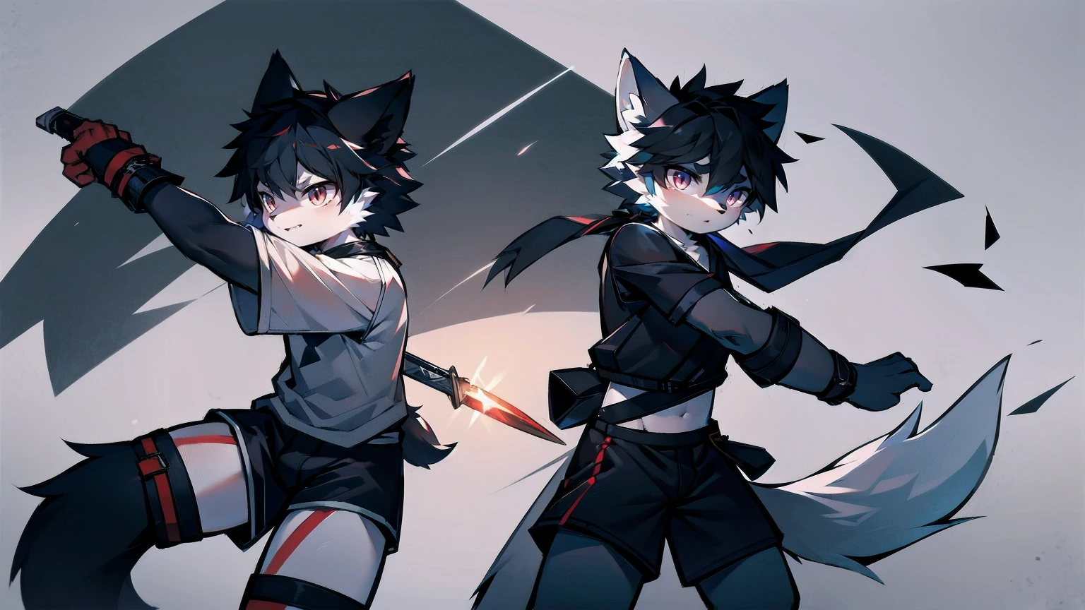 White Wolf,black hair,Red eyes,Wolf ears,Wolf Tail,juvenile,male,hairy,Hair,Half body armor,Combat uniform,Silver and black clothing,Handsome,Handsome,shorts,The forearm is exposed,leg,Fighting Stance,Duel,Two people,Anxious,Armed with a sword,Simple background,Swords