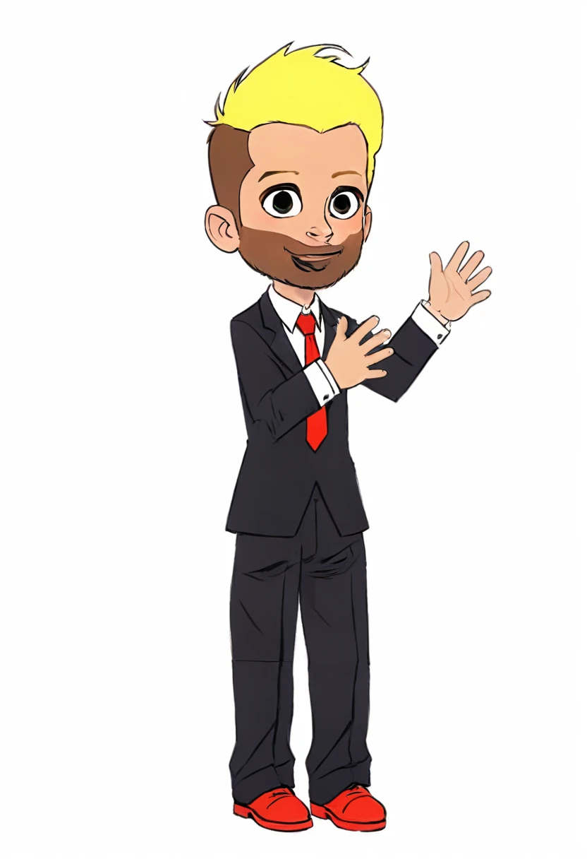 A man with a bushy beard, brunette hair but with a blonde topknot, wearing a black suit with a red tie, cartoon style - Renan Souzones 