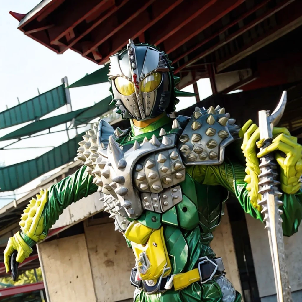 Kamen rider. Street bikes outfit. Kamen rider concept . ((Holding a durian sword)) At Chinese market . Sell a bunch lot of durian fruit.. kamen rider sell a durian. Open stall durian. Sell a durian fruit.