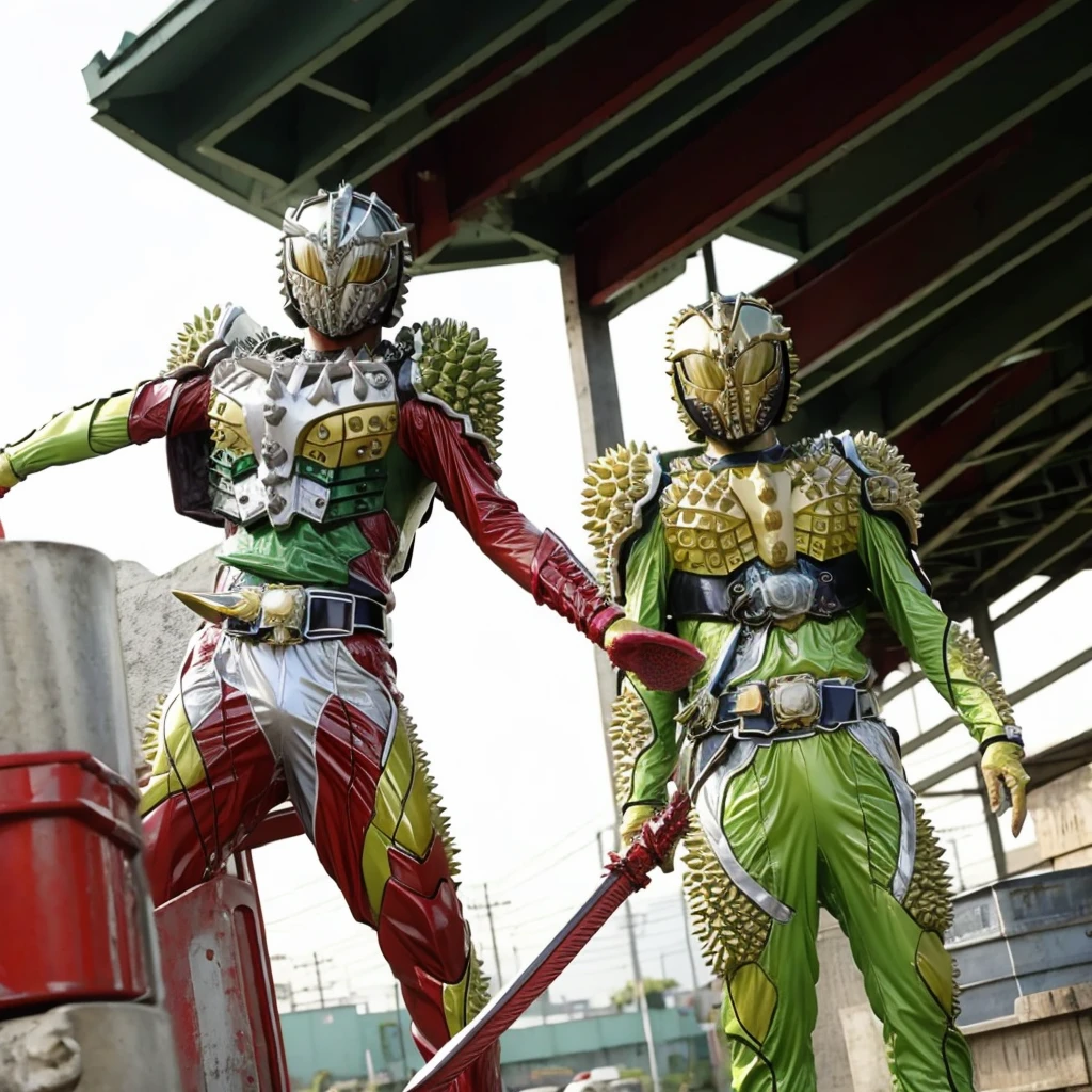 Kamen rider. Street bikes outfit. Kamen rider concept . ((Holding a durian sword)) At Chinese market . Sell a bunch lot of durian fruit.. kamen rider sell a durian. Open stall durian. Sell a durian fruit.