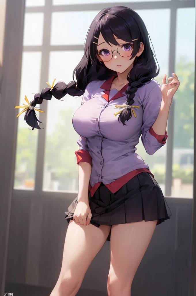 (best quality, masterpiece, RAW photo,ultra-detailed:1.2), 1girl,solo,looking at viewer,hanekawa tsubasa, long hair, black hair, hair ornament, (purple eyes:1.1), braid, hairclip, twin braids, glasses, very large breasts, miniskirt,bare legs