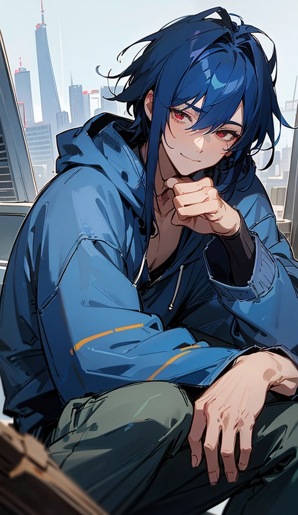 Super detailed,Haig quality,sketch,1 boy,Mature Men,Beautiful Face,(Dark blue hair,External hair:1.1),Handsome,Pearl Skin,Cyberpunk Hoodie、Indigo blue distressed jeans,Dynamic Angle,Japan anime　Red eyes,smile、Sleepy expression,city,20-year-old male