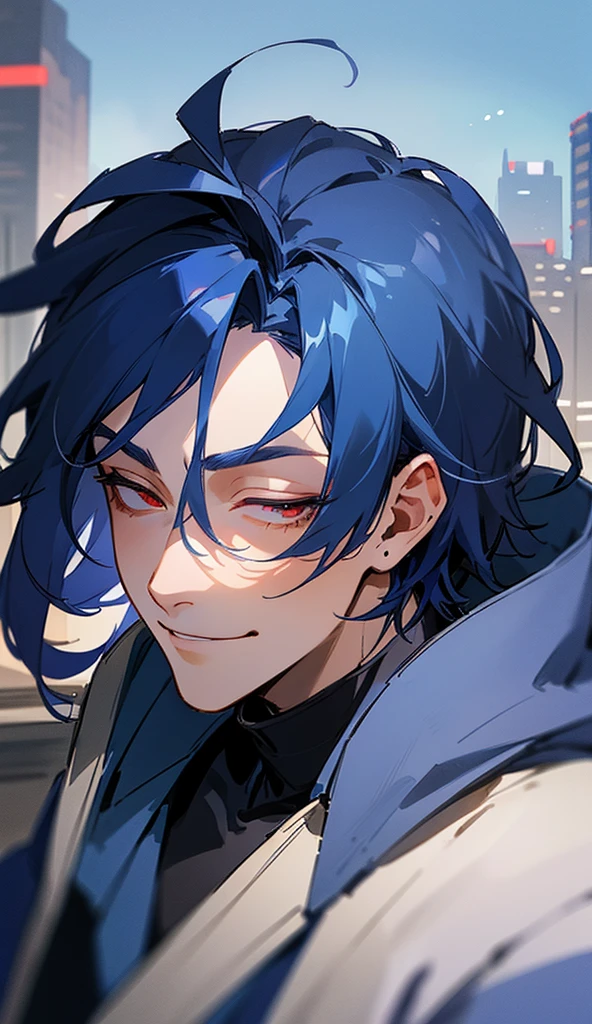 Super detailed,Haig quality,sketch,1 boy,Mature Men,Beautiful Face,(Dark blue hair,External hair:1.1),Handsome,Pearl Skin,Cyberpunk Hoodie、Indigo blue distressed jeans,Dynamic Angle,Japan anime　Red eyes,smile、Sleepy expression,city,20-year-old male