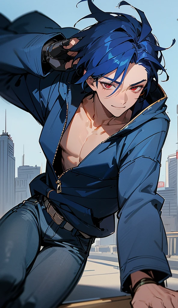 Super detailed,Haig quality,sketch,1 boy,Mature Men,Beautiful Face,(Dark blue hair,External hair:1.1),Handsome,Pearl Skin,Cyberpunk Hoodie、Indigo blue distressed jeans,Dynamic Angle,Japan anime Red eyes,smile、Sleepy expression,city,20-year-old male