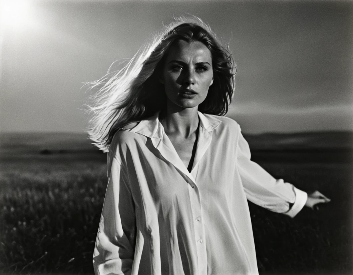 (dark mood masterpiece Photography by Mario Giacomelli:1.2), evil slavic woman, pale skin, long dark blond hair, Stunning b&w 35mm full body photo of a beautiful, perfecteyes, dark circles under eyes, highly detailed skin, (lightest freckles:0.9), standing in a casual pose with her hands on her nipples. wearing (wide-open:1.34) white_silk_shirt. unbuttoned shirt. (nipslip:1.4). a loose-fitting oversized men's unbuttoned shirt, open white business shirt. intricate poses by ruth bernhard. (Photography and style by ruth bernhard). 35mm, Hasselblad. capturing fashion-forward visuals, creating visual impact,evoking emotion,pushing creative boundaries. golden hour, shot from the side, playful pose, god rays,artistic photoshoot