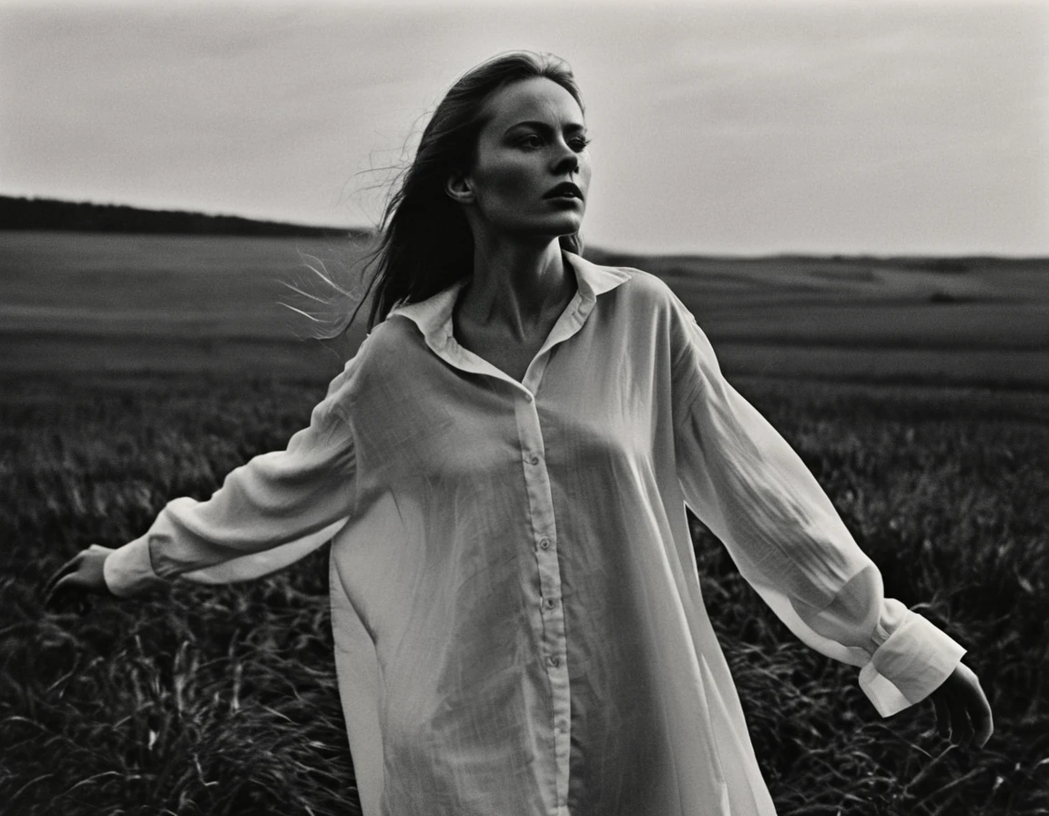 (dark mood masterpiece Photography by Mario Giacomelli:1.2), evil slavic woman, pale skin, long dark blond hair, Stunning b&w 35mm full body photo of a beautiful, perfecteyes, dark circles under eyes, highly detailed skin, (lightest freckles:0.9), standing in a casual pose with her hands on her nipples. wearing (wide-open:1.34) white_silk_shirt. unbuttoned shirt. (nipslip:1.4). a loose-fitting oversized men's unbuttoned shirt, open white business shirt. intricate poses by ruth bernhard. (Photography and style by ruth bernhard). 35mm, Hasselblad. capturing fashion-forward visuals, creating visual impact,evoking emotion,pushing creative boundaries. golden hour, shot from the side, playful pose, god rays,artistic photoshoot