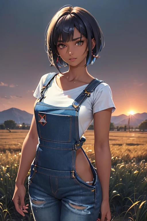 Lexa Doig, short bobcut black hair with red streaks, arafed woman in a denim jumpsuit leaning against a column, wearing overalls, wearing blue jean overalls, blue overalls, torn overalls, wearing dirty overalls, artist wearing overalls, artist wearing torn overalls, wearing a straw hat and overalls, double denim, topless