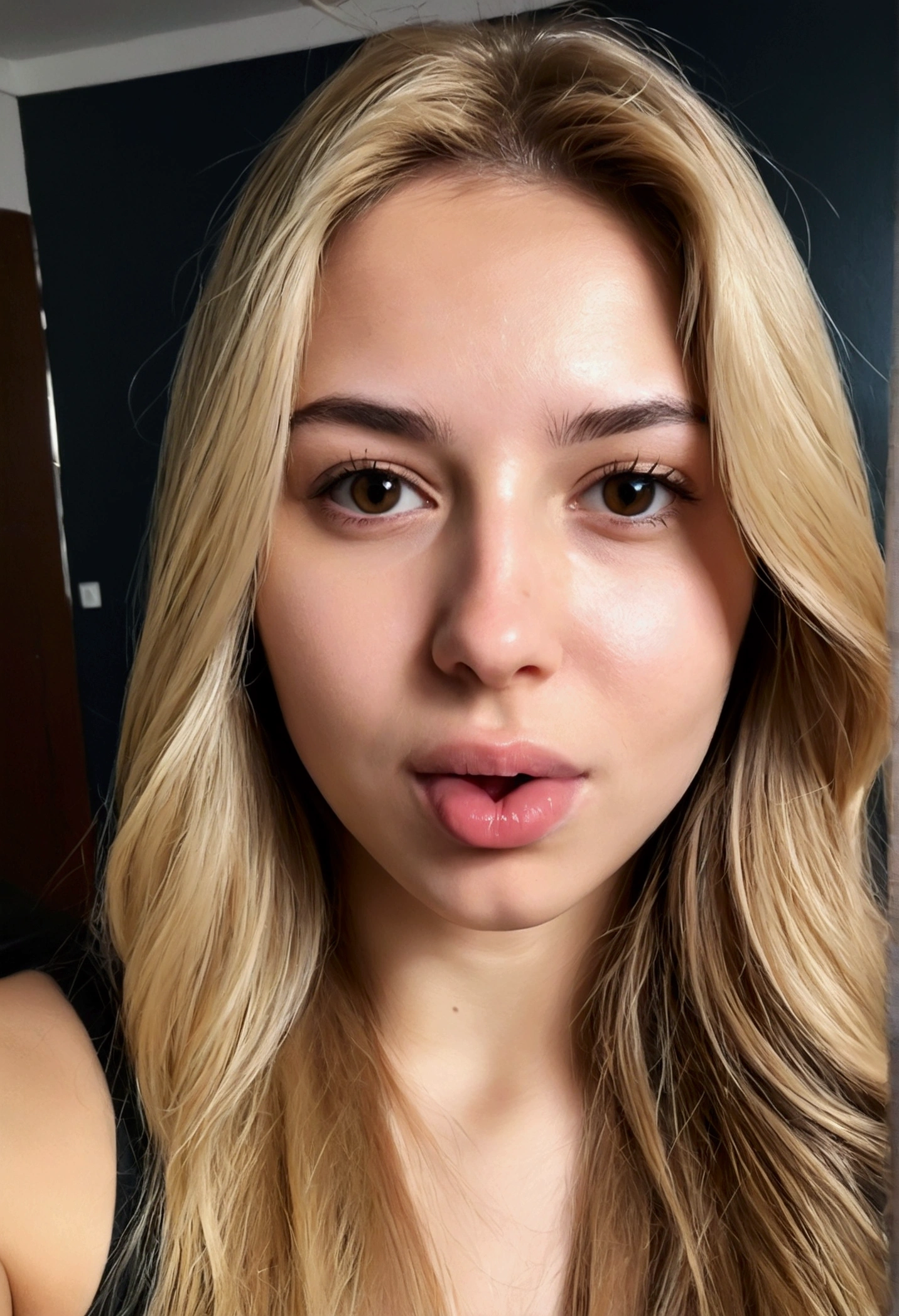 A 23-year-old blonde woman, ((pechos grandes)), ((hiperrealismo)) ,. blonde hair with light brown roots. cabello rubio, Hair with brown roots, cabello extra largo, cabello muy largo, really long hair, Beautiful, Front view, selfie, photo taken with iPhone, in gamer room, on face, tongue saliva , high quality, selfie iPhone, cleavage
