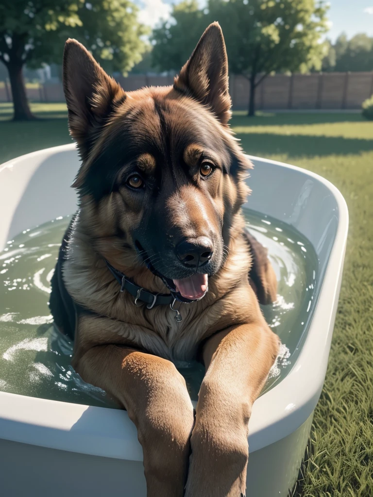 German Shepherd in a park, bathes in bathtub, playful (best quality,4K,8K,highres,​masterpiece:1.2),Ultra-detail,(realisti,photorealisti,photo-realisti:1.37),  Film compositions,depth of field,Professional 3D rendering