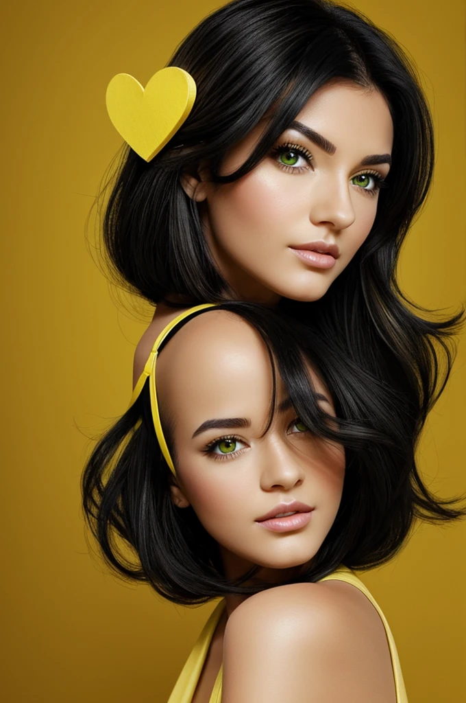 Draw a woman with black hair and yellow highlights, a heart-shaped face, very large green eyes and a small nose.