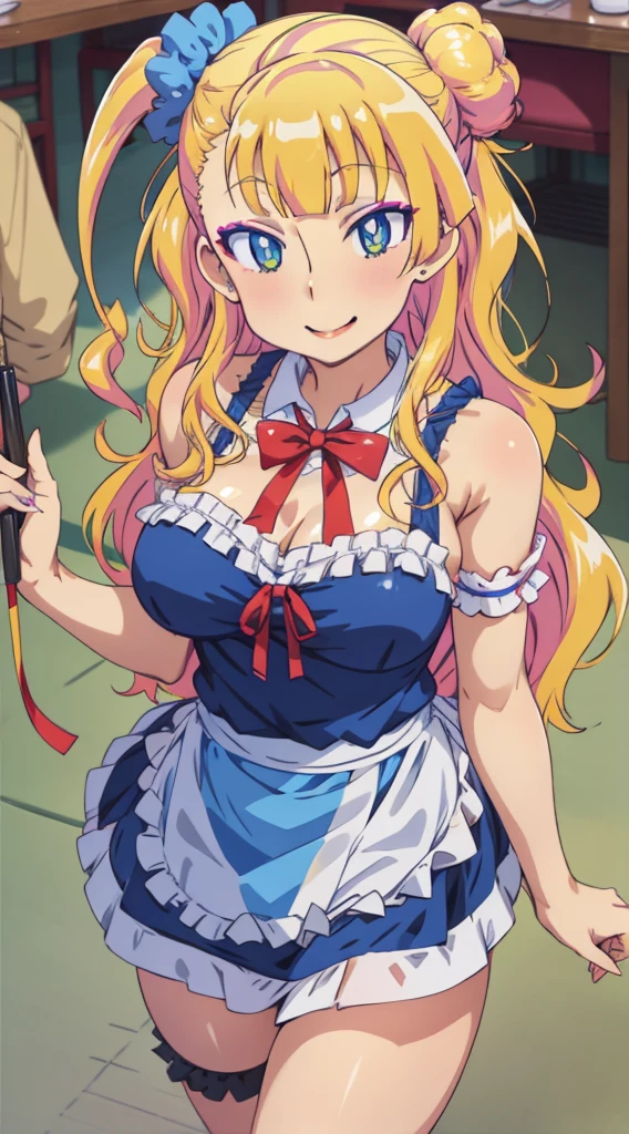 1 girl, galko,Galko,big breasts,smile,makeup,Maid clothes,Both shoulders_exposed,clavicle,mini skirt,natural lip,skin luster,looking at the viewer, in the center of the image,cowboy shot,１with people,
highest quality, High resolution, beautiful eyes, highly detailed face, Detailed CG, Chinese restaurant,