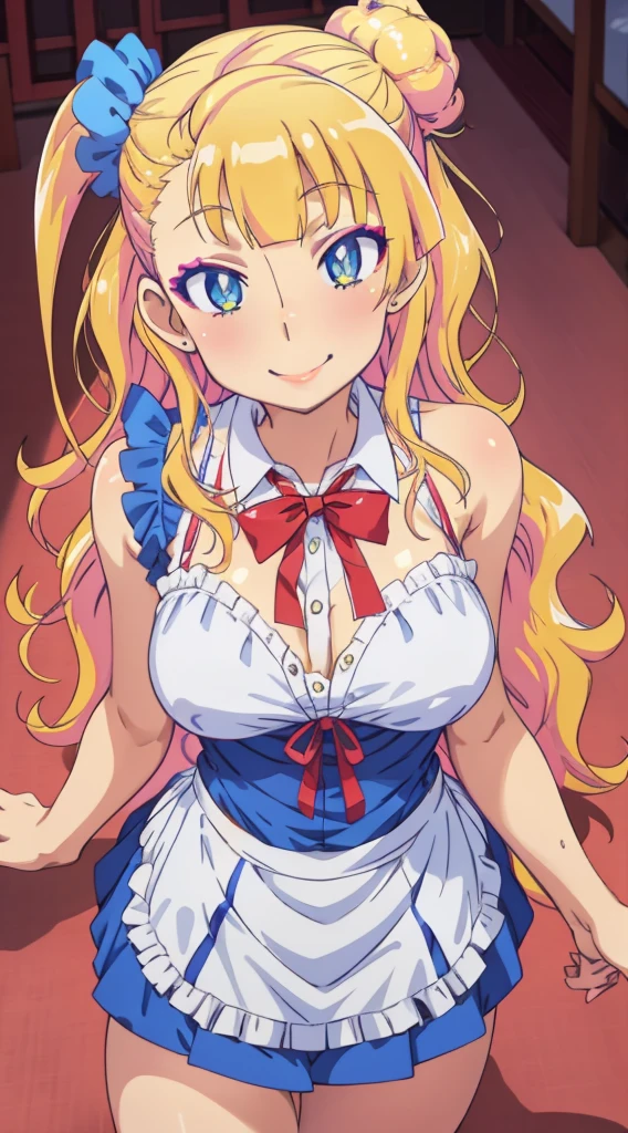 1 girl, galko,Galko,big breasts,smile,makeup,Maid clothes,Both shoulders_exposed,clavicle,mini skirt,natural lip,skin luster,looking at the viewer, in the center of the image,cowboy shot,１with people,
highest quality, High resolution, beautiful eyes, highly detailed face, Detailed CG, Chinese restaurant,