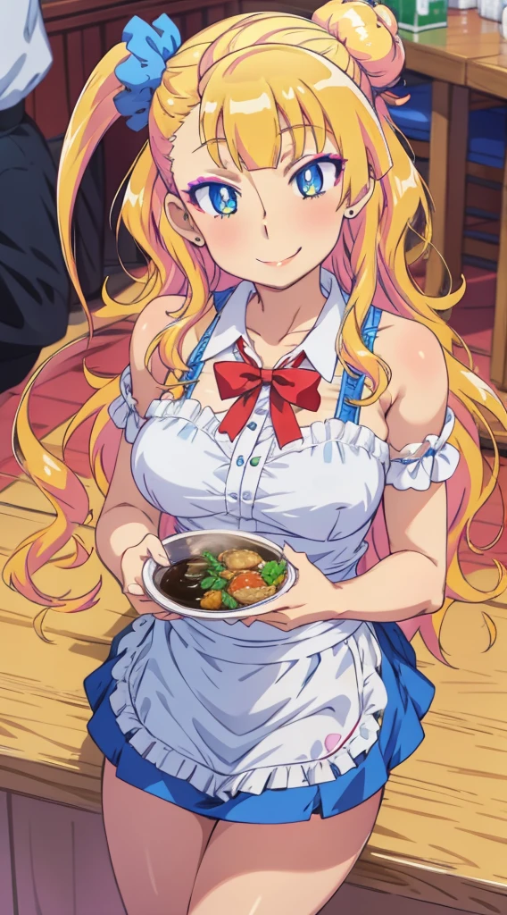 1 girl, galko,Galko,big breasts,smile,makeup,Maid clothes,Both shoulders_exposed,clavicle,mini skirt,natural lip,skin luster,looking at the viewer, in the center of the image,cowboy shot,１with people,
highest quality, High resolution, beautiful eyes, highly detailed face, Detailed CG, Chinese restaurant,