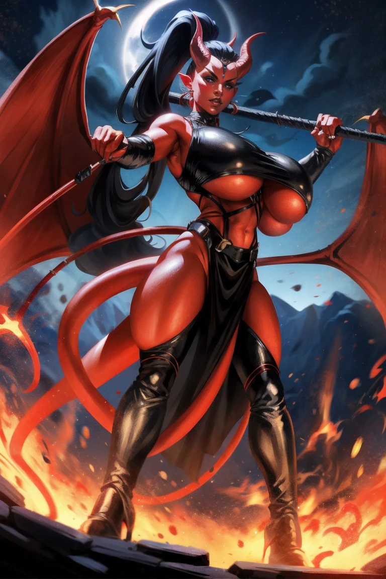 Red skin succubus tiefling, digitigrade legs, full breasts, huge breasts, black horns, wings, huge tail, black leather, crop top, long flowing pelvic curtain, tall, toned, graceful, thin, long black ponytail. Action scene, whip. Dark scene, explosions, night sky.