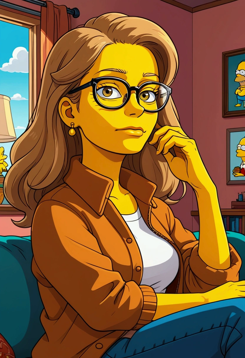 1, Simpsons character, glasses, Simpsons ink style, yellow skin, light brown hair, flat, cozy animation scenes, dynamic pose, best quality, artwork, very aesthetic, perfect composition, intricate details, ultra-detailed, Simpsons strokes.