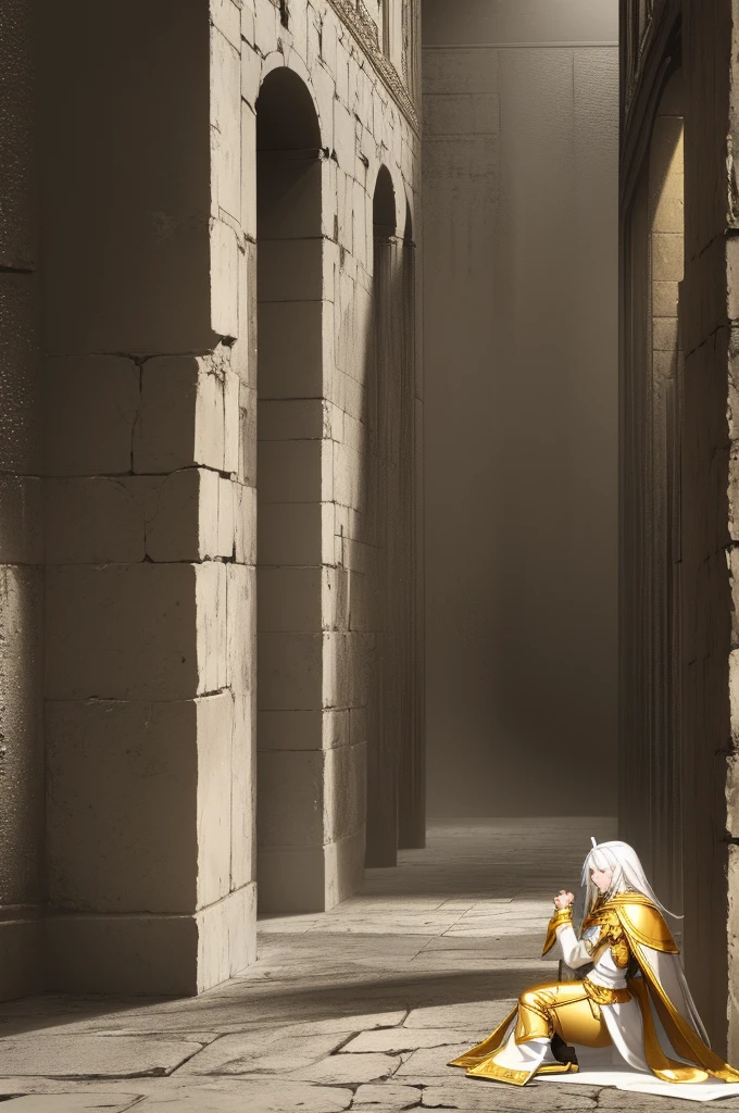 naughty man, twenty years old, long white hair, battle armor, gold eyes, sitting on a stone throne, interior of a ruined castle, white noble costume with gold details, serious look, red carpet in rags, lava running down the wall, at night, candles on the walls, dark surroundings, shunlight ((anime style))