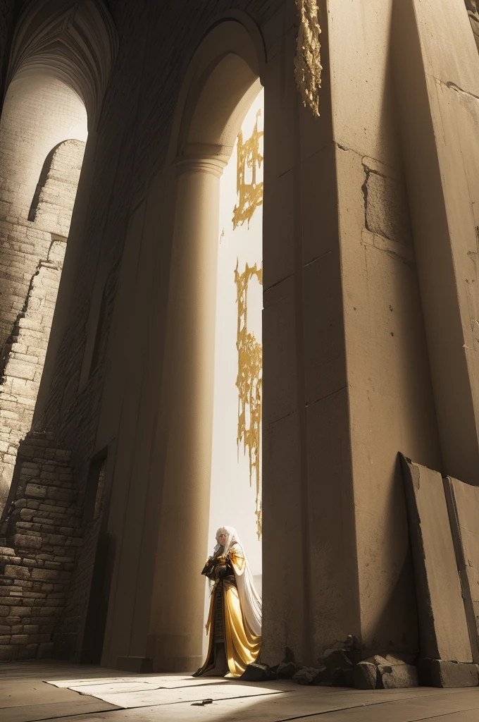 naughty man, twenty years old, long  white hair, battle armor, gold eyes, sitting on a stone throne, interior of a ruined castle, white noble costume with gold details, serious look, red carpet in rags, lava running down the wall, at night, candles on the walls, dark surroundings, shunlight ((anime style))