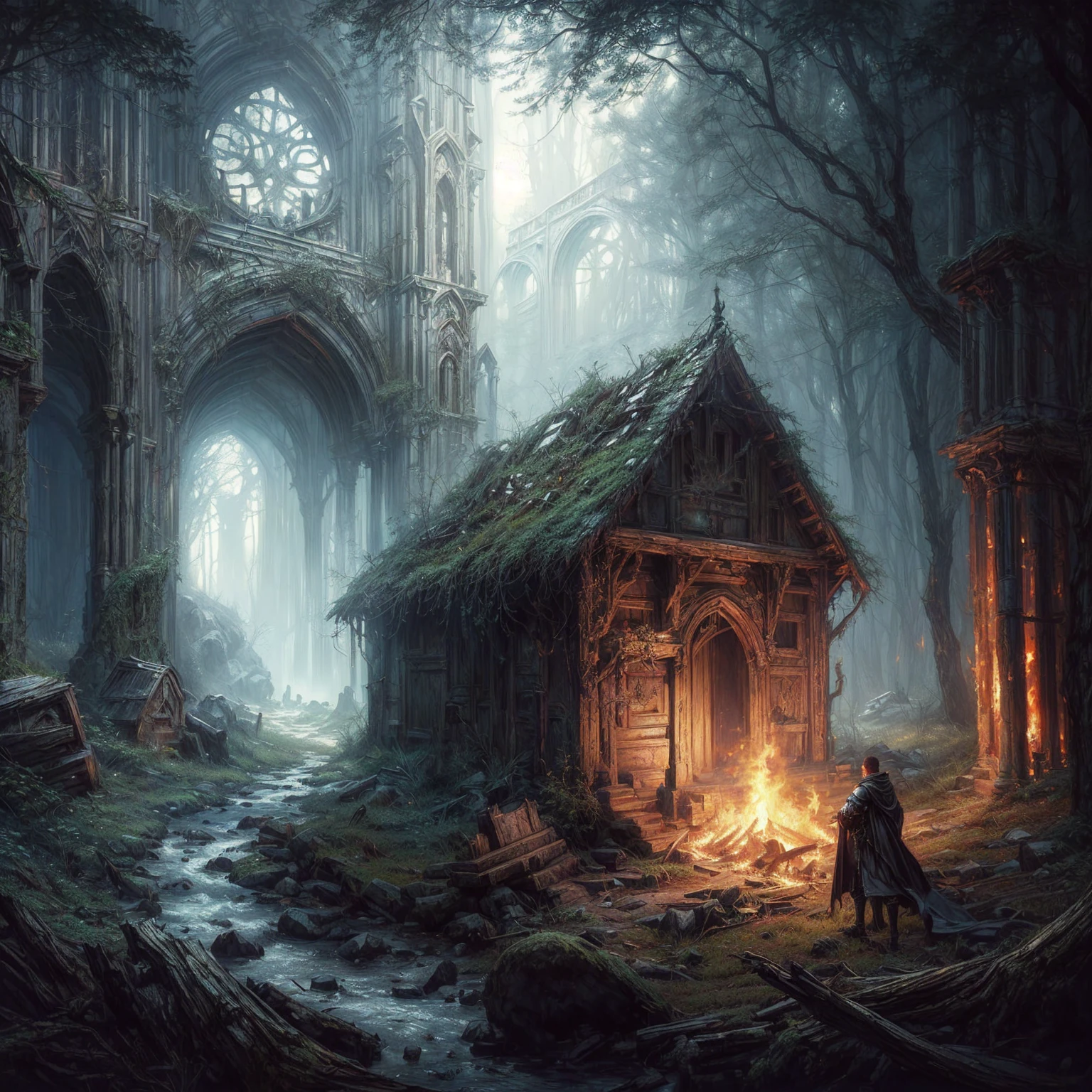 arafed house in a forest with a fire in the middle, photorealistic dark concept art, atmospheric fantasy setting, dark fantasy atmosphere, moody misty fantasy art, dark fantasy setting, medieval fantasy art, mystical scene, medieval dark fantasy, fantasy atmospheric lighting, by Andreas Rocha, inspired by Andreas Rocha, realistic fantasy artwork, andreas rocha style