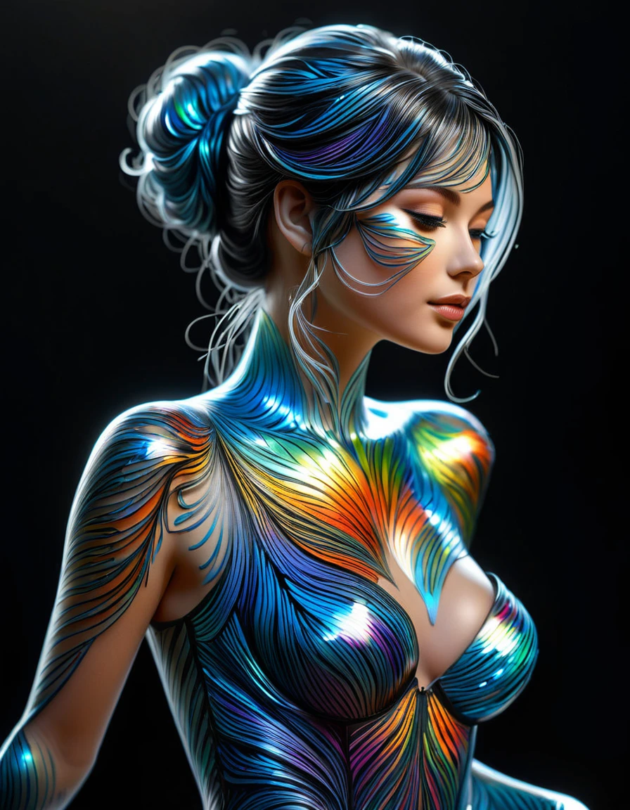 Dessiner une figurine 4D de style encre uhd époustouflante et à couper le souffle, effet holographique qui semble sortir de la feuille de dessin, extremely detailed drawing, hyperRéaliste, sublime details. Truly remarkable work, joyful and sensual work, couleurs de feu, taille fine et sublime poitrine effet push-up